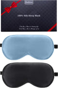 BeeVines 100% Real Mulberry Silk 2 Pack Sleep Mask, Pure Silk Eye Masks with Adjustable Strap for Sleeping, 100% Block Light Eye Shade Cover, Reduces Puffy Eyes Traveling Gifts(Black & Pastel Blue)