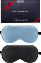 BeeVines 100% Real Mulberry Silk 2 Pack Sleep Mask, Pure Silk Eye Masks with Adjustable Strap for Sleeping, 100% Block Light Eye Shade Cover, Reduces Puffy Eyes Traveling Gifts(Black & Pastel Blue)