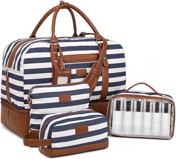 Wogarl 4PCS Weekender Bags for Women Large Overnight Weekend Travel Duffel Carry on Shoulder with Shoe Compartment Canvas Toiletry Bag for Travel Business Gym