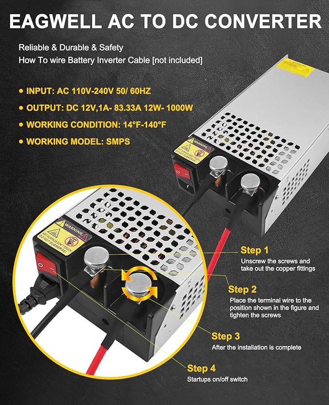 EAGWELL 12V Power Supply 1000W, Universal SMPS 120V AC to 12V DC Converter Switching Power Supply DC Transformer Driver Adapter for Diesel Heater, RV,Pump, LCD Monitor