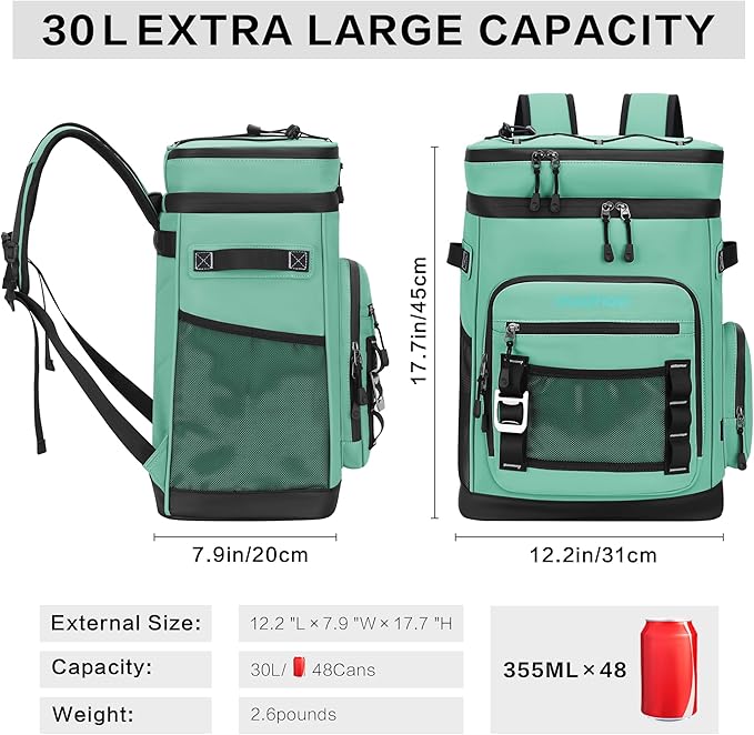 Hulongo Large Waterproof Insulated Cooler Backpack for Men & Women, Leak Proof Cooler Backpack for Camping, Beach, Fishing, Picnic, Travel, Outdoor, 30L, 48Cans
