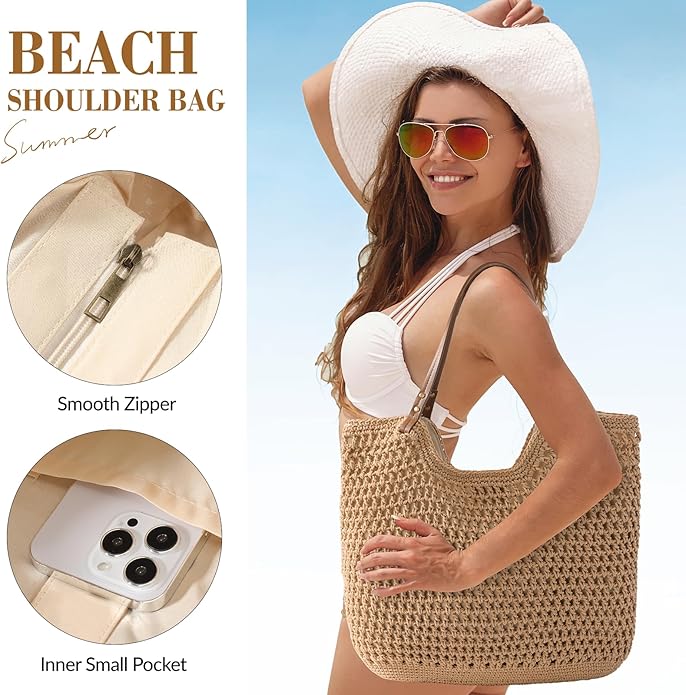 Pleneal Crochet Beach Bag, Summer Woven Tote Bag with Lining, Soft Purse Shoulder Bags for Vacation