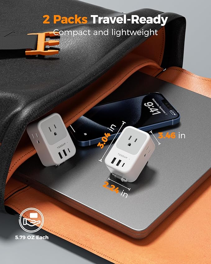 TESSAN European Travel Plug Adapter 2 Pack, Built-in 20W Retractable USB-C Cable, Type C Power Adapter with 3 AC Outlets 4 USB Ports for US to Europe EU Italy Spain France Greece Iceland Germany