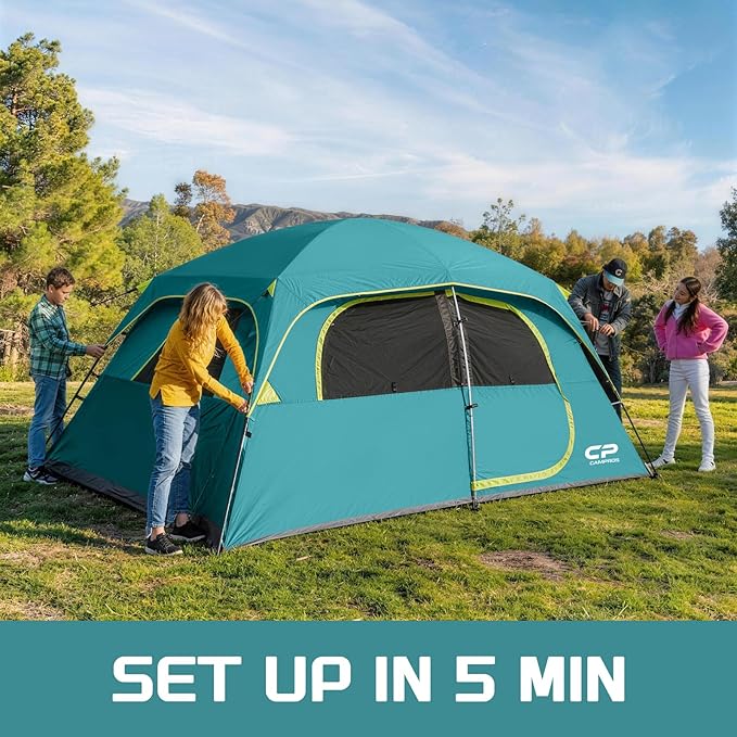 CAMPROS CP Upgraded 6/8 Person Camping Tents, Waterproof Windproof Family Tent with Larger Mesh Windows & Door, Double Layer, Easy Set Up, All-Season Dome Tent with Top Rainfly & Carry Bag