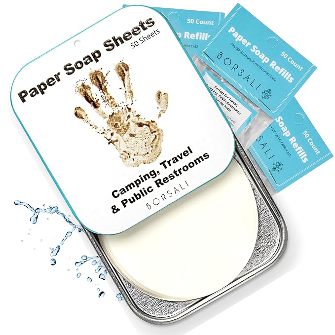 BORSALI Paper Soap Sheets for Traveling - Portable Paper Hand Soap for Hiking, Camping, Public Restrooms - Dissolvable Travel & Backpacking Gear - 1 Case with 50 PIeces and 3 Refills To Go;