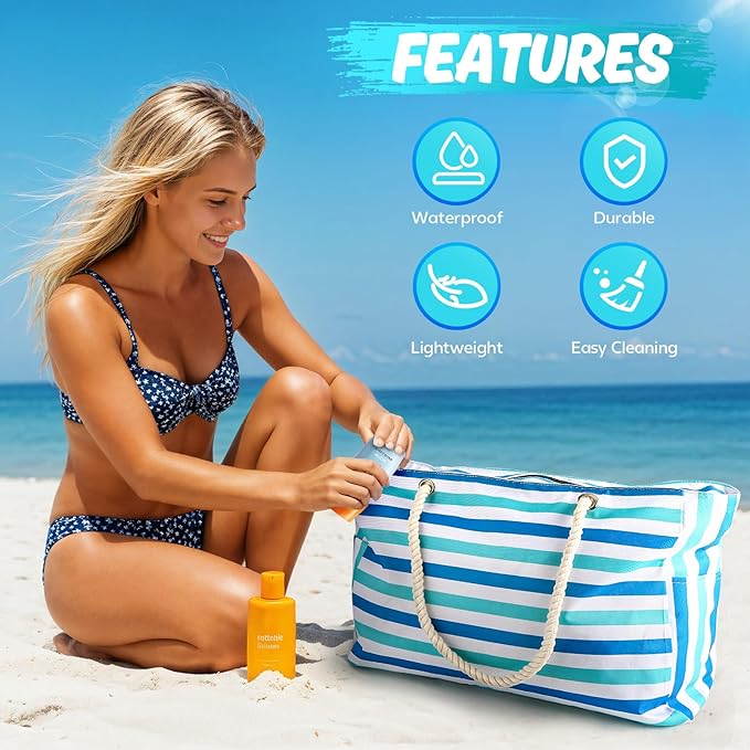 SRISE Large Beach Bag for Women & Men, Beach Bags Waterproof Sandproof, Travel Tote Bag, Swim Pool Bag for Family Outdoor
