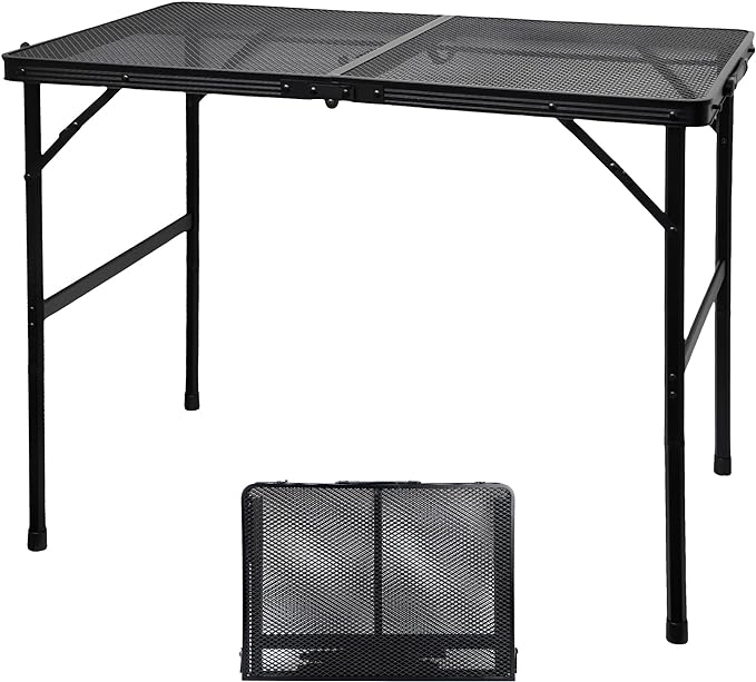 GREGIN Camping Table with Mesh Desktop, Lightweight & Portable Folding Grill Table, Height Adjustable Metal Outdoor Table for Camp, Cooking, BBQ, RV, Picnic-3 FT Black