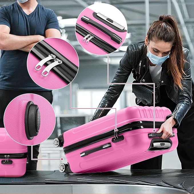 3 Piece Luggage Sets, Lightweight ABS Suitcase with 4 Spinner Wheels ＆ TSA Locks, Hardside Carry On Luggage Durable Suitcase Set for Family Travel Business - Pink, 20/24/28