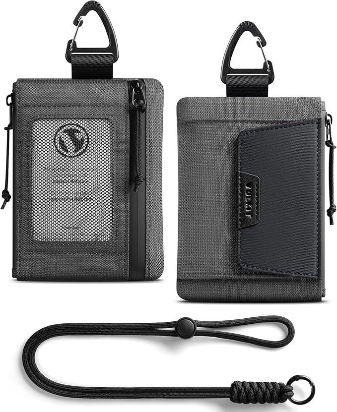 VULKIT RFID Blocking Lanyard Wallet for Men and Women, Nylon Neck Wallet with ID Window, Zipper Pouch and Keychain, Magnetic Pocket for Hiking, Fishing and Outdoor Activities, Ash Gray