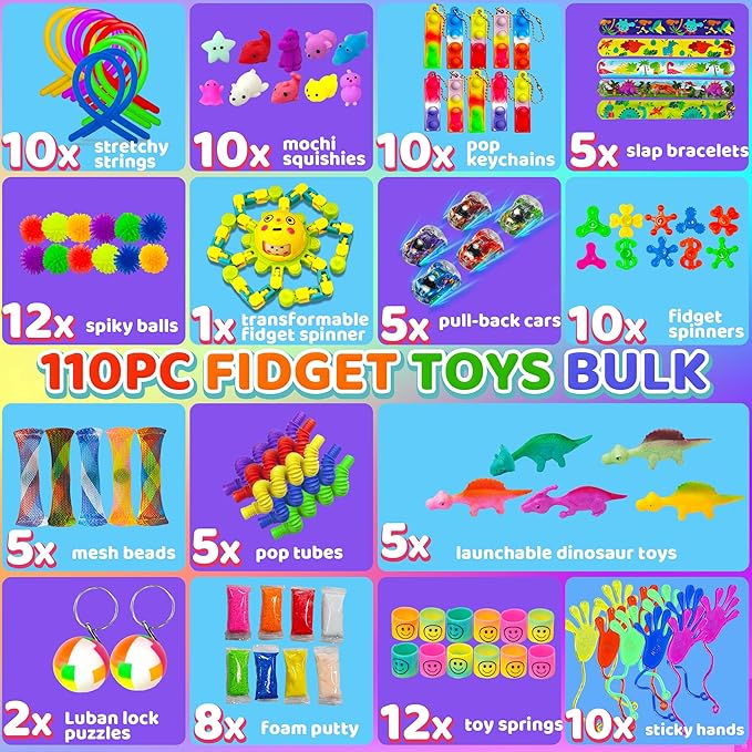 110PC Fidget Toys Bulk for Adult Kids Age 5-7, 8-12, Sensory Autism Travel Must Have ADHD Autistic Figette Classroom Treasure Prize Box School Must Have Stress Anxiety Easter Basket Stuffers Gifts