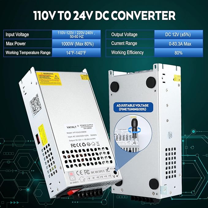 VAYALT DC 12V 83.3A 1000W Switching Power Supply, 110V/220V AC to DC Converter, Universal Regulated Switching, 12V Power Supply for CCTV Camera System, 3D Printer, LED Strip, Computer Project