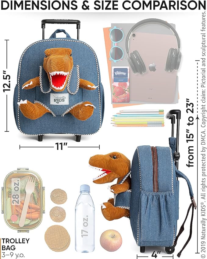 【Upgraded】Toddler Luggage for Boys w Removable Dinosaur Toy | Side & Inner Pockets, Reflective Logo, Name Tag | Kids Rolling Backpack | Travel & Birthday Gifts for 3 4 5 6 Year Old