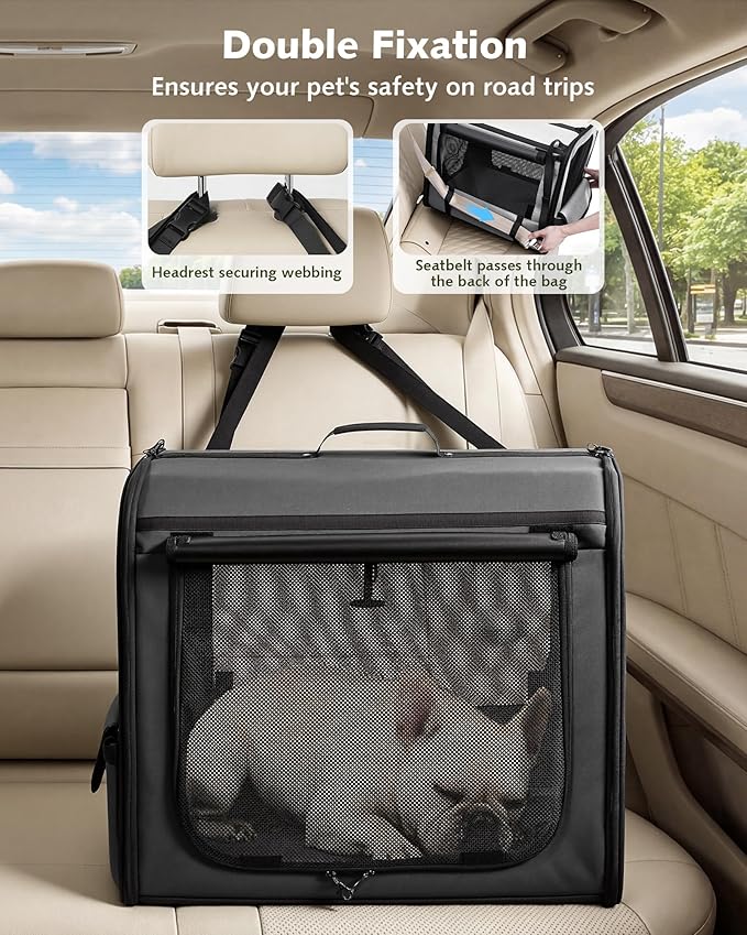 Dog Car Carrier Light Weight, 24×17.7×20.5in Dog Carrier for Cars Easy to Assemble, Dog Cars Crate Portable and Breathable, Foldable Pet Carrier for Outing, Dogs Travel Crate with Curtain Dark Gray