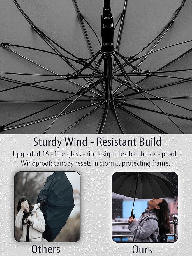 Premium Windproof Umbrella Classic J stick Handle with Easy Grip - Auto Open, Rainproof and Durable Canopy Design Perfect for Rainy Days Sunshad