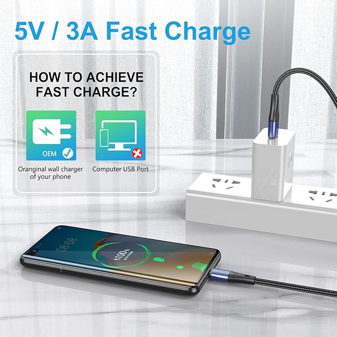 USB Type C Cable Fast Charging,3pack 10ft Premium Nylon Braided 3A Rapid Charger Quick Cord,Type C to A Cable Compatible for Samsung Galaxy S21 S20 S10 S9 S8 Plus,Note 20 10 9 8, LG V50 V40 G8（Blue）