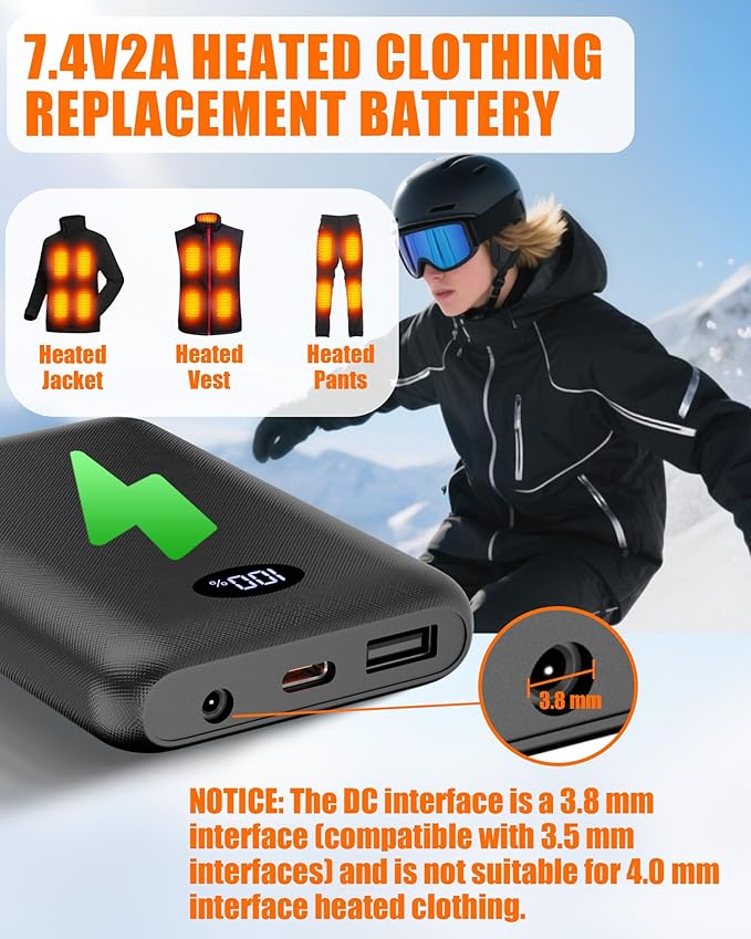 7.4V2A 10000mAh Battery Pack for Heated Vest Jacket Coat Pants and Heating Underwear, Heated Clothing Replacement Battery Pack