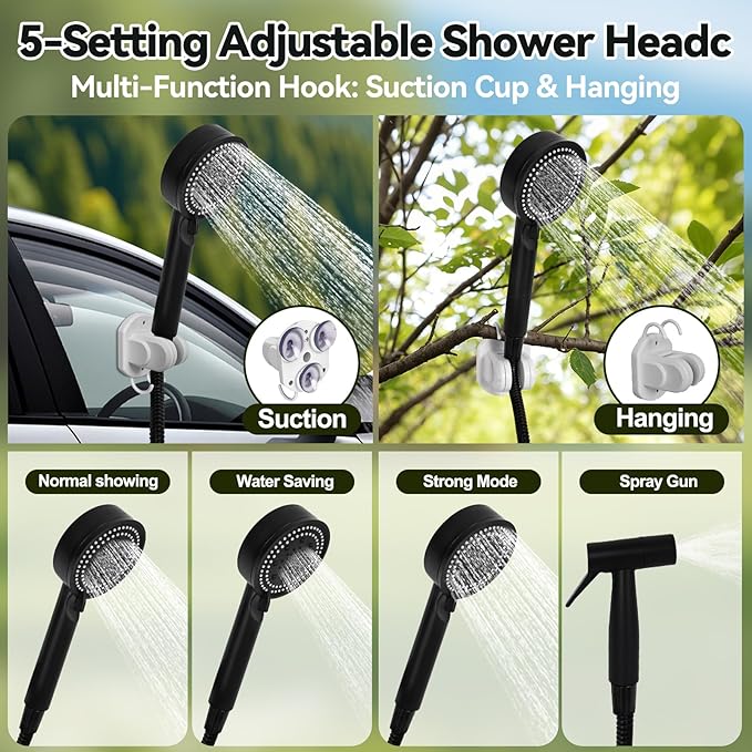 Camping Shower with Heater and 5-Gallon Water Jug, 6000mAh Rechargeable Portable Shower, 1500w Immersion Heater with Auto Shut-Off, Rinse Kit Portable Shower with USB Solar Charging Panel For Camping