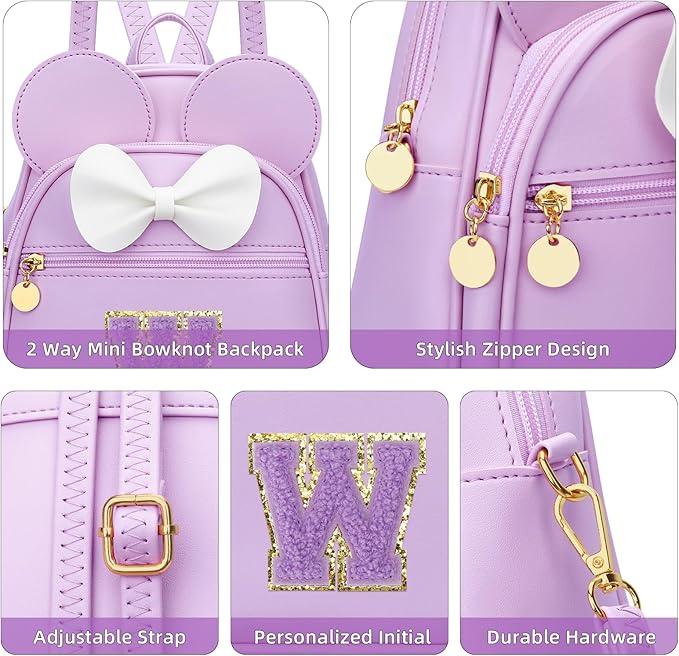 KKXIU Girls Initial Bowknot Cute Mini Backpack for Toddler, Travel Small Girl Backpacks, Personalized Birthday Gifts for Little Girls and Kids(W, Purple)