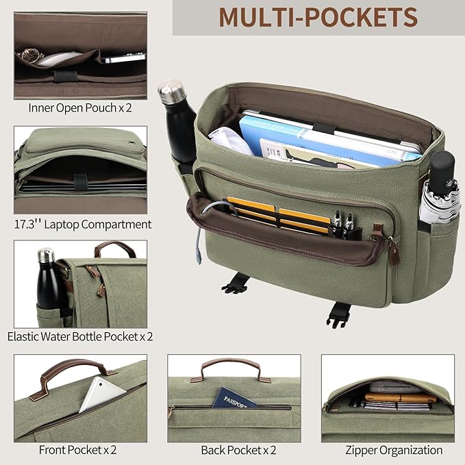 ESTARER Men's Messenger Bag 17.3 Inch, Water-resistant Canvas Laptop Bag, Computer Shoulder Bag for College Travel Work, Army Green