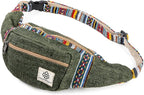 Freakmandu Eco-Friendly Green Boho Hippie Style Hemp Fanny Pack Cross Body Hip Waist Bag for Hiking Running Jogging (Safari)