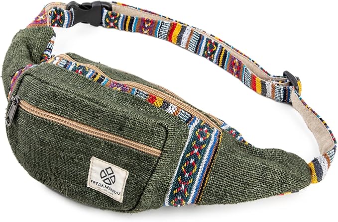 Freakmandu Eco-Friendly Green Boho Hippie Style Hemp Fanny Pack Cross Body Hip Waist Bag for Hiking Running Jogging (Safari)