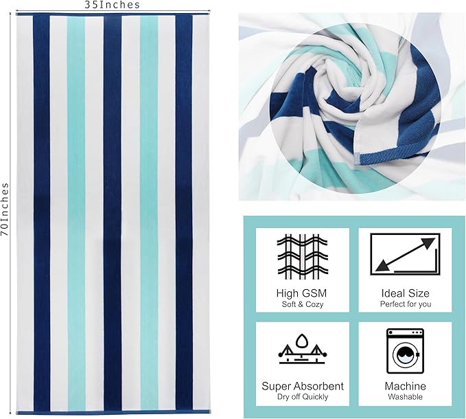 COTTON CRAFT Oversized Beach Towel - 2 Pack 35 x 70 inches XL Beach Towel - 100% Cotton Velour - Big & Huge - Thick Plush 450 GSM Super Soft Luxury Towel - Pool Picnic Bath - Cabana Stripe Blue