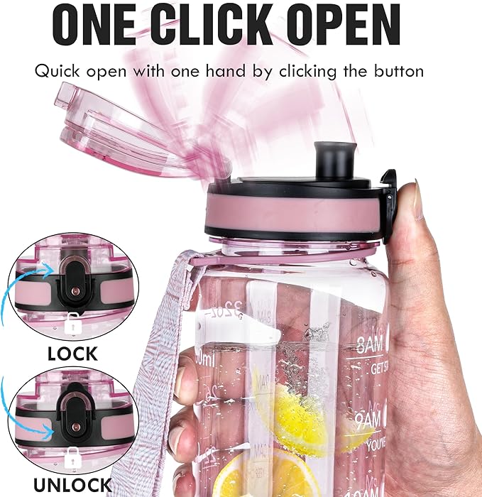 OLDLEY Water Bottle, 32oz Motivational Sports Water Bottle with Time Marker - Times to Drink - Tritan, BPA Free, Wide Mouth Leakproof, Anniversary Birthday Gifts for Men Women, Clear Pink