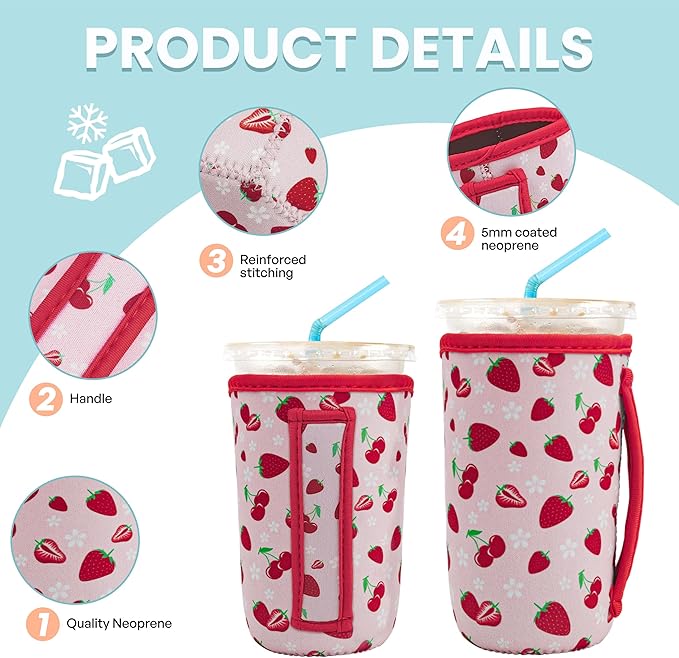 KJQJLY 3 Pack Reusable Iced Coffee Sleeves for Iced Coffee Cups or Drinks Reusable Neoprene Insulated Sleeves for Hot and Cold Drinks from Starbucks, Dunkin, And More (Strawberry)