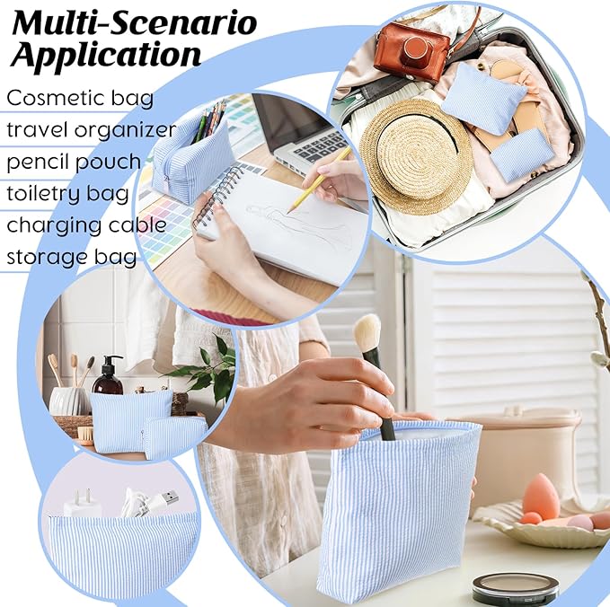 Huhumy 2 Pcs Makeup Bag Set Cute Cosmetic Pouch for Women Seersucker Travel Toiletry Bag Preppy Small Makeup Purse Pouch Aesthetic Skincare Brushes Storage Organizer for Valentine Women(Blue)