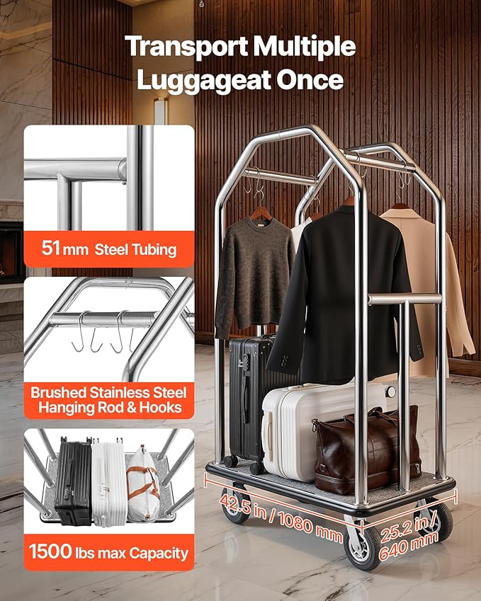 VEVOR Hotel Luggage Cart, 1500 lbs Heavy Duty Bellman Cart with Stainless Steel Frame, 8 in Rubber Wheels, Gray Carpeted Deck, Commercial Luggage Carrier Rolling Trolley for Hotels,Resorts,Silver