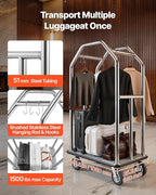 VEVOR Hotel Luggage Cart, 1500 lbs Heavy Duty Bellman Cart with Stainless Steel Frame, 8 in Rubber Wheels, Gray Carpeted Deck, Commercial Luggage Carrier Rolling Trolley for Hotels,Resorts,Silver