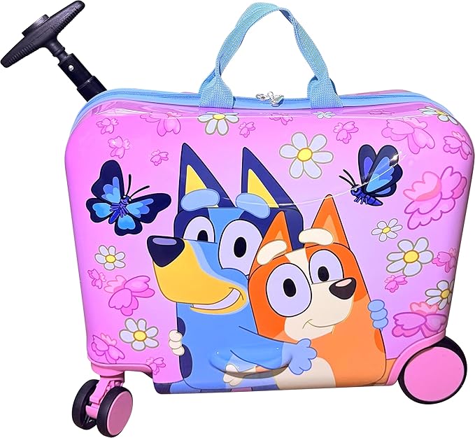 Fast Forward Bluey Girls Ride-On 18" Suitcase for Kids/Tow-Along Toddler Carry-On Luggage with Wheels