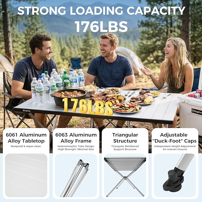 KingCamp Camping Table Roll up Aluminum Folding Table Lightweight Large Portable Foldable Camp Table for Picnic Camping Barbecue Backyard Beach Tailgate Indoor Outdoor, 4-6 Person, Support 176lbs