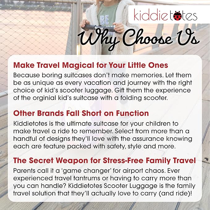 KIDDIETOTES Ride-On Scooter Suitcase for Kids – Hardside Lightweight Carry-On Luggage with Foldable Scooter, LED Wheels, Travel Fun for Toddlers & Children