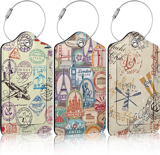 3 Pack Retro Travel Stamp Luggage Tags for Suitcase Travel Stickers PU Leather Luggage Tag Privacy Cover ID Label for Women Men Baggage Backpack Handbag School Bag