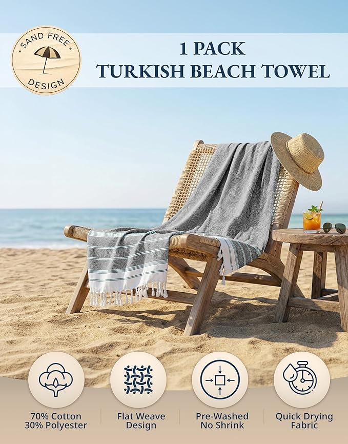LANE LINEN Beach Towel, Oversized Beach Towel 39"x71", Lightweight Beach Essentials for Women, Large Pool Towel, Absorbent & Quick Dry, Sand Free Beach Towel - Ebony