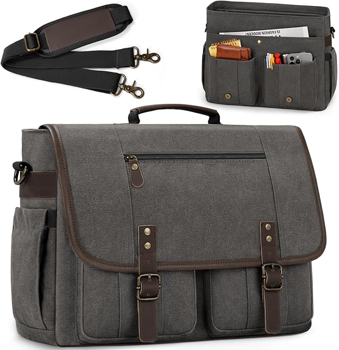 RAINSMORE Mens Messenger Bag 17-17.3 Inch Vintage Canvas Briefcase Water-resistant Large Computer Laptop Bag Rugged Satchel Shoulder Bag for Work Travel, Bookbag for College