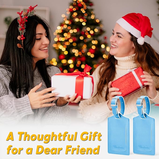 Travelambo Luggage Tags for Suitcases Faux Leather Privacy Protection 2 Pack Bag Tags Travel Accessories Essential, Light Blue