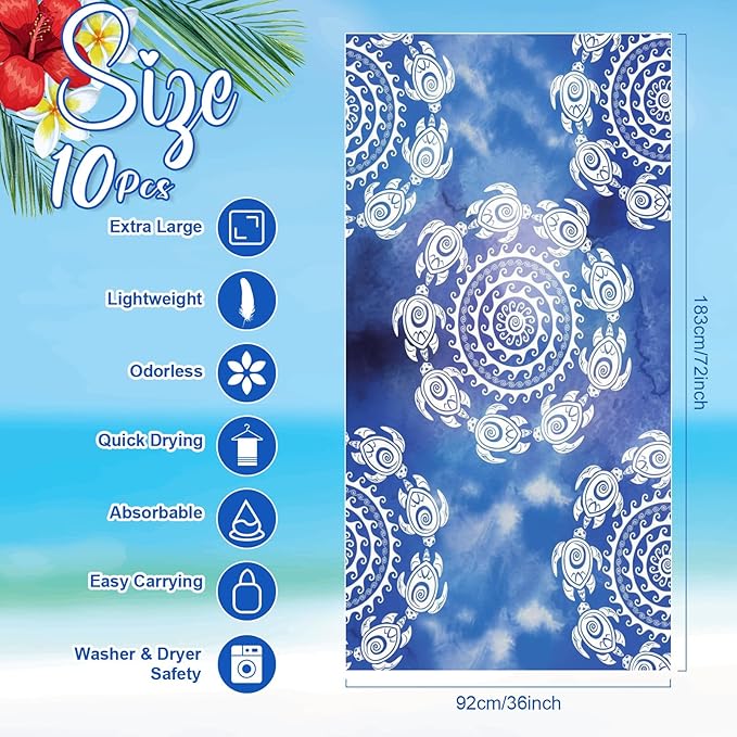 EBOOT 10 Pack Oversized Beach Towel Set Extra Large Pool Towels Microfiber Quick Dry Swim Blanket for Adult Women Men Face Hand Body Bath Travel Pool(Ocean Blue,36 x 72 Inch,Boho Ocean Style)
