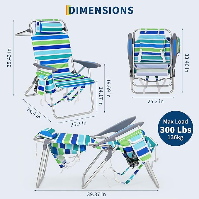 GarveeLife High Backpack Beach Chair for Adults 2 Pack, Lightweight Portable Lay Flat Folding Beach Chair with 5 Positions, Backpack Straps, Phone Pocket, Cup Holder, Cooler Pouch & Towel Bar