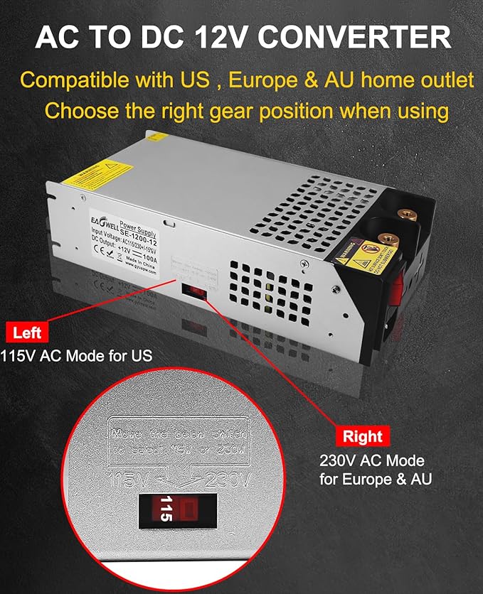 EAGWELL 12V Power Supply 1000W, Universal SMPS 120V AC to 12V DC Converter Switching Power Supply DC Transformer Driver Adapter for Diesel Heater, RV,Pump, LCD Monitor