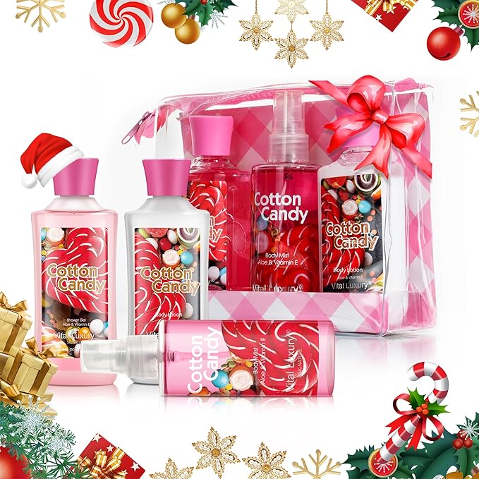 Bath and Body Travel Gift Set, 3pcs Travel Size Shower Gel Body Lotion Fragrance Mist Christmas Birthday Gift TSA-Friendly for On-the-Go Self-Care (3PCS, Cotton Candy)