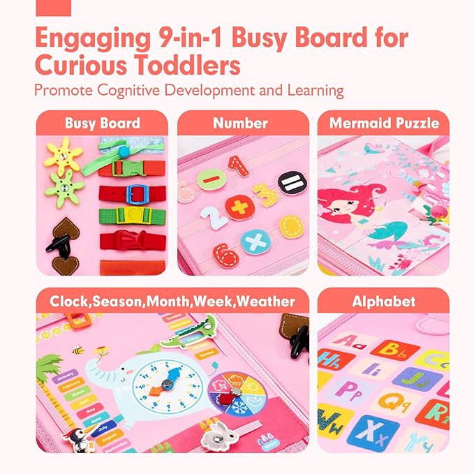 hahaland Busy Board for Toddlers Boys Girls Montessori Toys for 3+ Year Old Preschool Educational Learning Activities Toddler Travel Toys for Ages 3 4 5 with Life Skill Number Color Weather