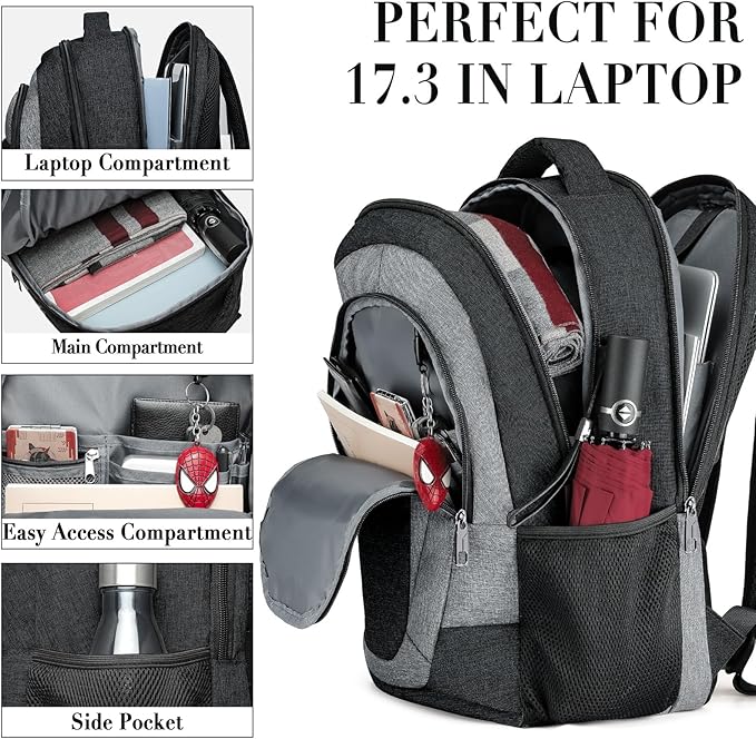 BIKROD Backpack for Men and Women, Extra Large School Backpacks for Teens, Water Resistant Back Pack Fits 17 Inch Laptop, Business Anti Theft Sturdy Computer Bag Gifts, Blackgrey