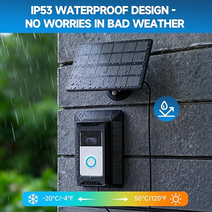 Solar Charger for Ring Doorbell, 2-in-1 Doorbell Mount with 6W Waterproof Solar Panel, USB-C Charging Port, Continuous Power Supply, No Battery Disassembly Required