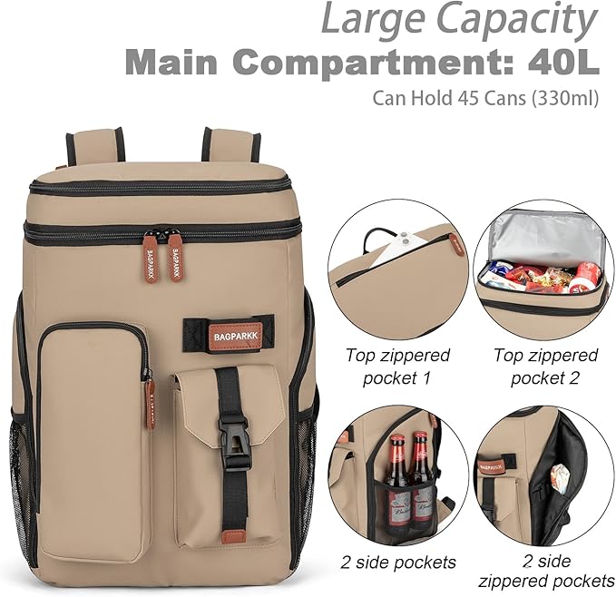 BAGPARKK Insulated Cooler Backpack,33/45 Cans Multifunctional Double Deck Leakproof Cooler Bag with Sternum Strap,Large Capacity Lightweight Travel Camping Beach Backpack