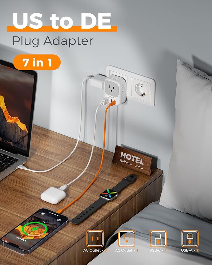 TESSAN 2 Pack Type E F Plug Adapter, Germany France Power Travel Adaptor with 3 USB Charger(1 USB C PD 20W), 4 Outlets Schuko Plug for US to Europe Spain Iceland Korea Greece Russia German French