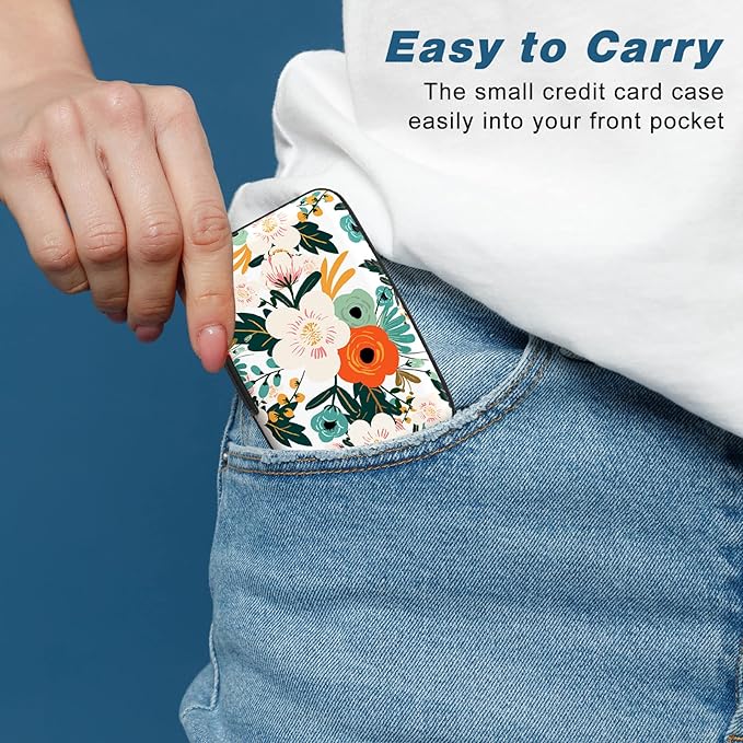 Credit Card Holder, Mini Aluminum Card Wallet RFID Blocking Slim Metal Hard Card Case for Women Men, Colorful Flowers