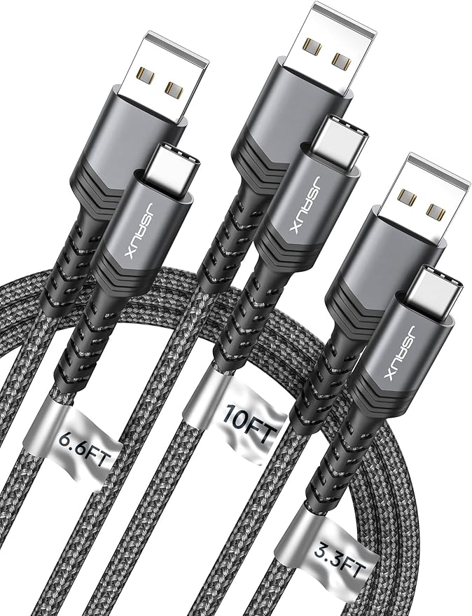 JSAUX USB C Cable 3.1A Fast Charging, 3-Pack (10ft+6.6ft+3.3ft) USB A to Type C Charge Cord Compatible with iPhone 17/17 Pro/17 Pro Max, iPhone 16/16 Pro Max, Samsung S22 S20, USB C Charger(Grey)