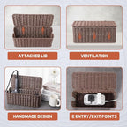 Cable Management Box, Handmade Rattan Cable Organizer with 2 Open Slots, Cord Hider for Power Strip, Router & USB Hub, Registered U.S. Design Patent (D1,112,102), 13" x 5.1" x 5.1", Brown